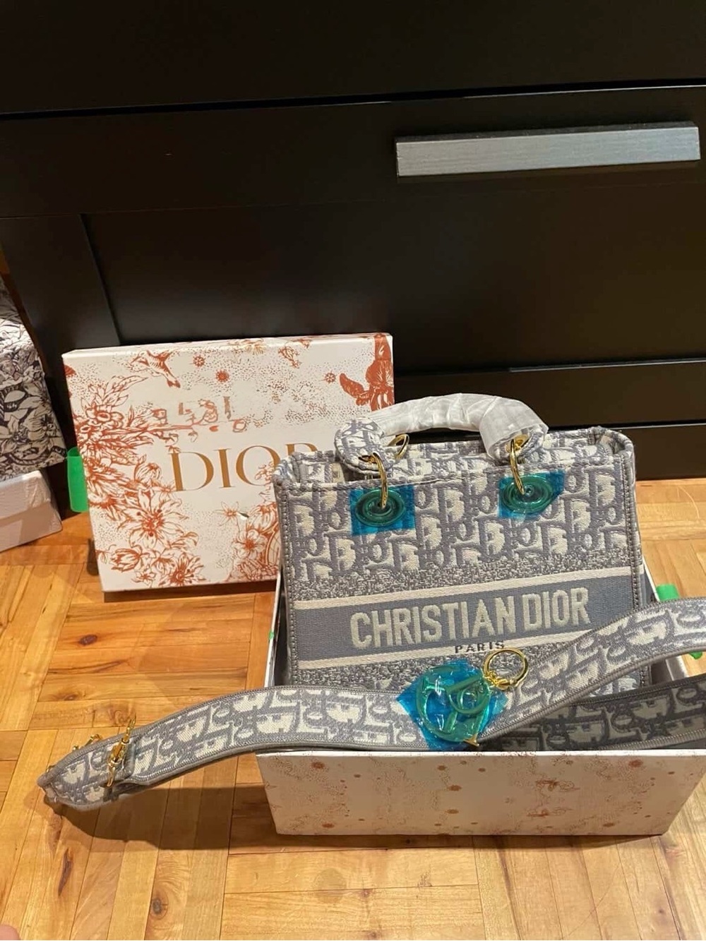 Dior Gray Christian Dior Embroidered Card & Key Holder